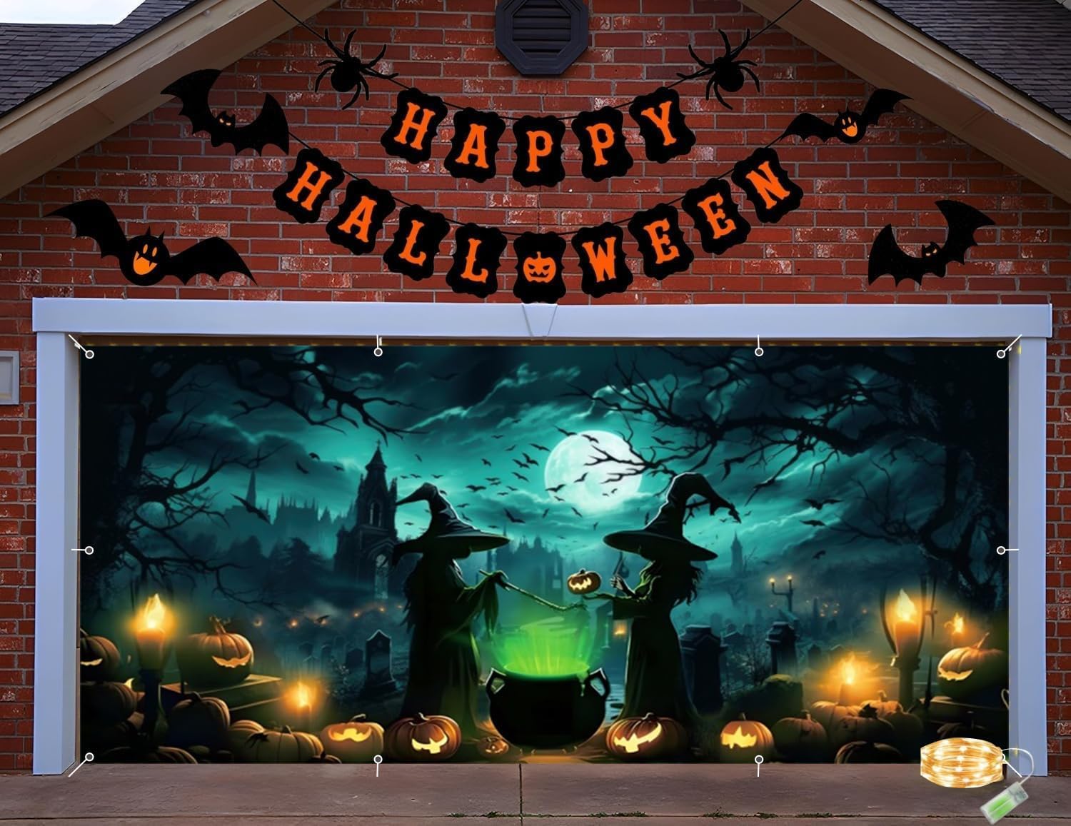 Halloween Garage Door Cover Decorations Banner 7x16ft Scary Halloween Backdrop,Large 2 Car Garage Door Cover,Horror Forest Witch Castle Wall Decor for Outdoor Holiday Decorations