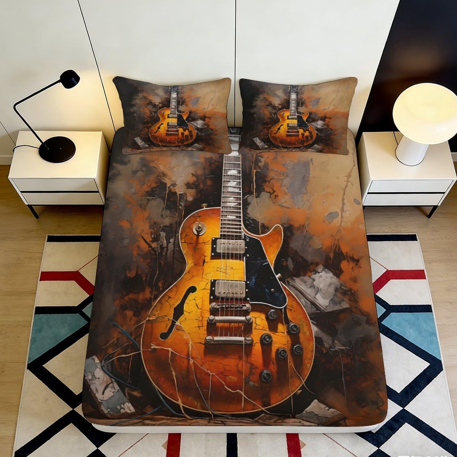 3D Printed Vintage Guitar Fitted Sheet Microfiber Soft Brown Artistic Music Bed Cover for Bedroom Dorm Decor 90x200x25cm