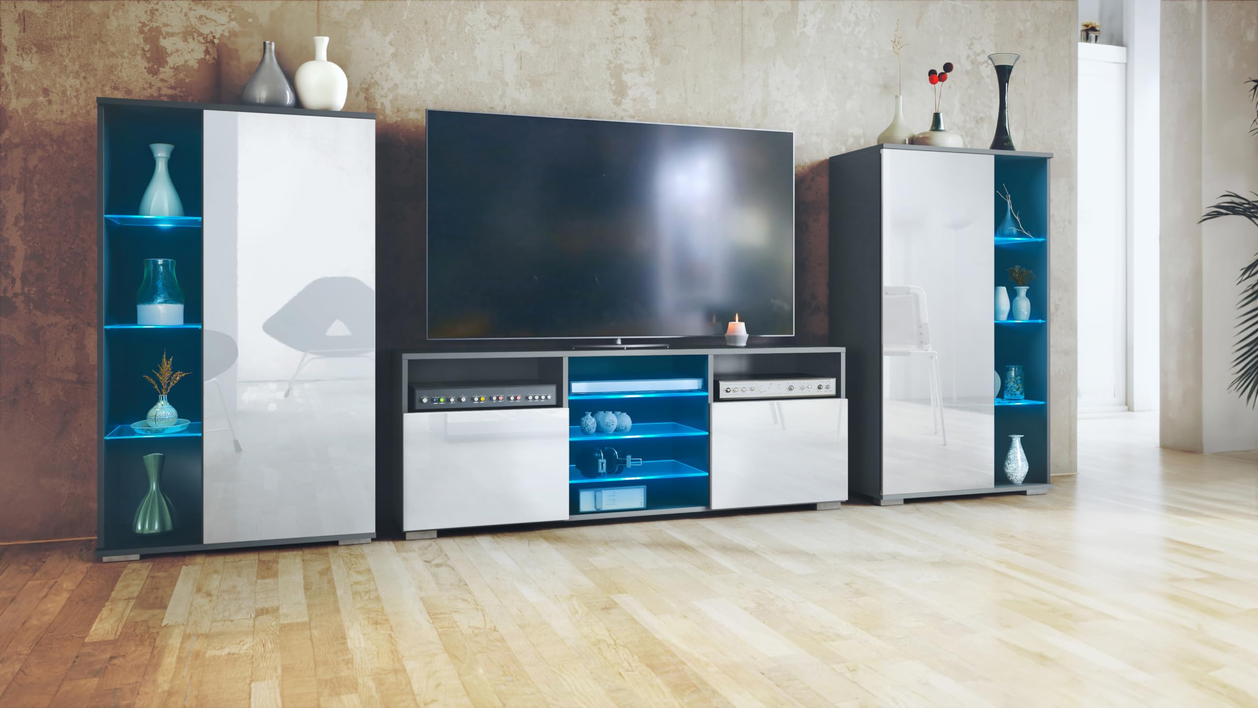 Vladon Ensemble Mural Davos pour Salon, Comprenant 2 vitrines et 1 Meuble TV, Anthracite Mat/Blanc Haute Brillance éclairage LED Inclus (329 x 134 x 35 cm)