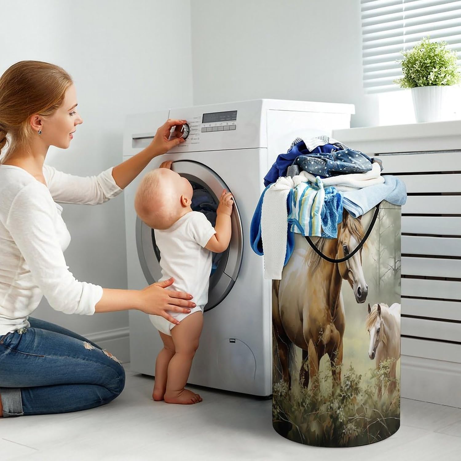 Large Laundry Hamper with Handles Paintings Horses Laundry Basket Freestanding Waterproof Clothes Hamper for Living Room Bedroom Bathroom College Dorm