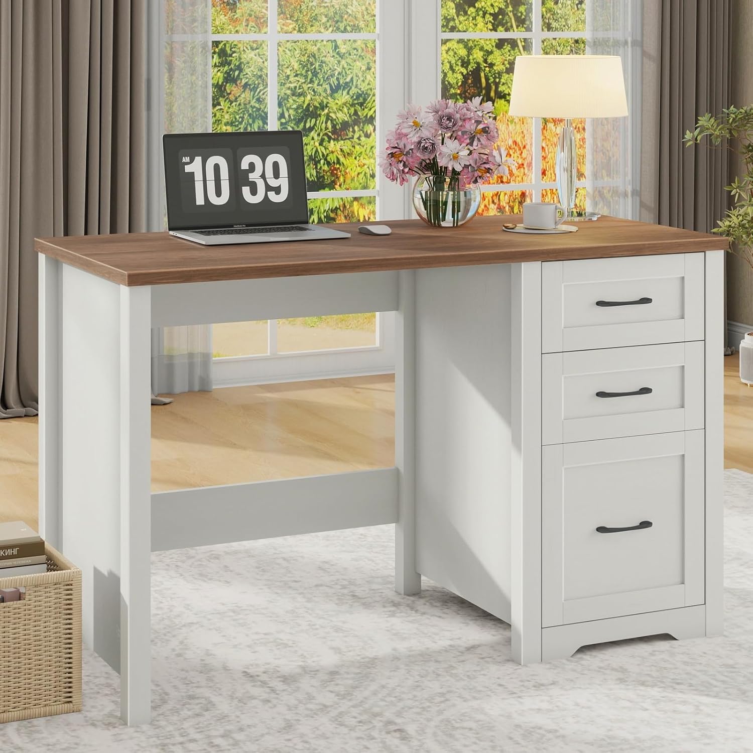 Vabches Farmhouse 47” Executive Desk with File Drawer, Mutual Installation Rustic Computer Desk with 2 Storage Drawers,Office Home Workstation for Study Work Writing, Unique White