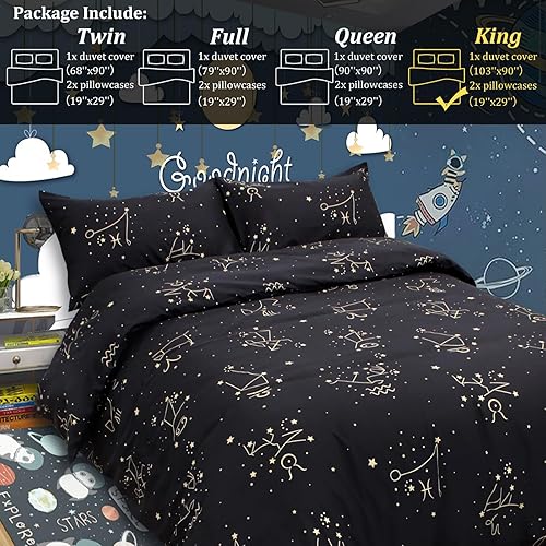 Miniatura 6 de ZHH E-COMMERCE Juego de funda de edredón King para niños, funda de edredón de constelación de 3 piezas (1 funda + 2 fundas de almohada), doble cara