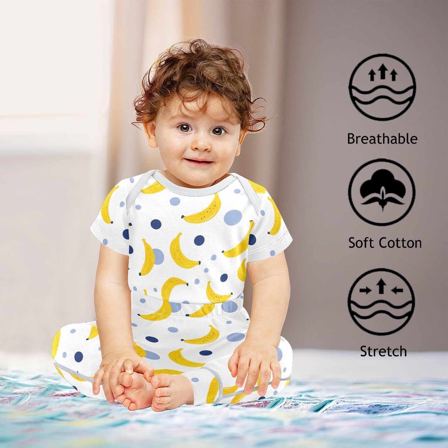 vvfelixl Baby Clothes Banana Blue Dots Baby Bodysuits Set Unisex Short Sleeve Babys Pants Sets 0-3M