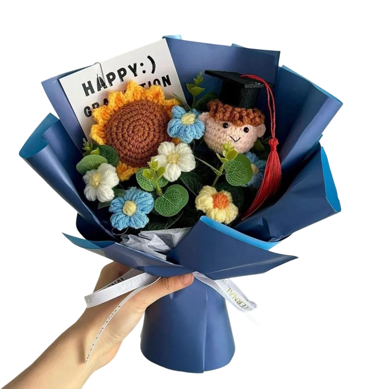 ZEPFJHE Unique Cotton Crochet Graduation Bouquet with Lovely Doll Perfect Hand-woven Flower Birthday Gift Doll Gift