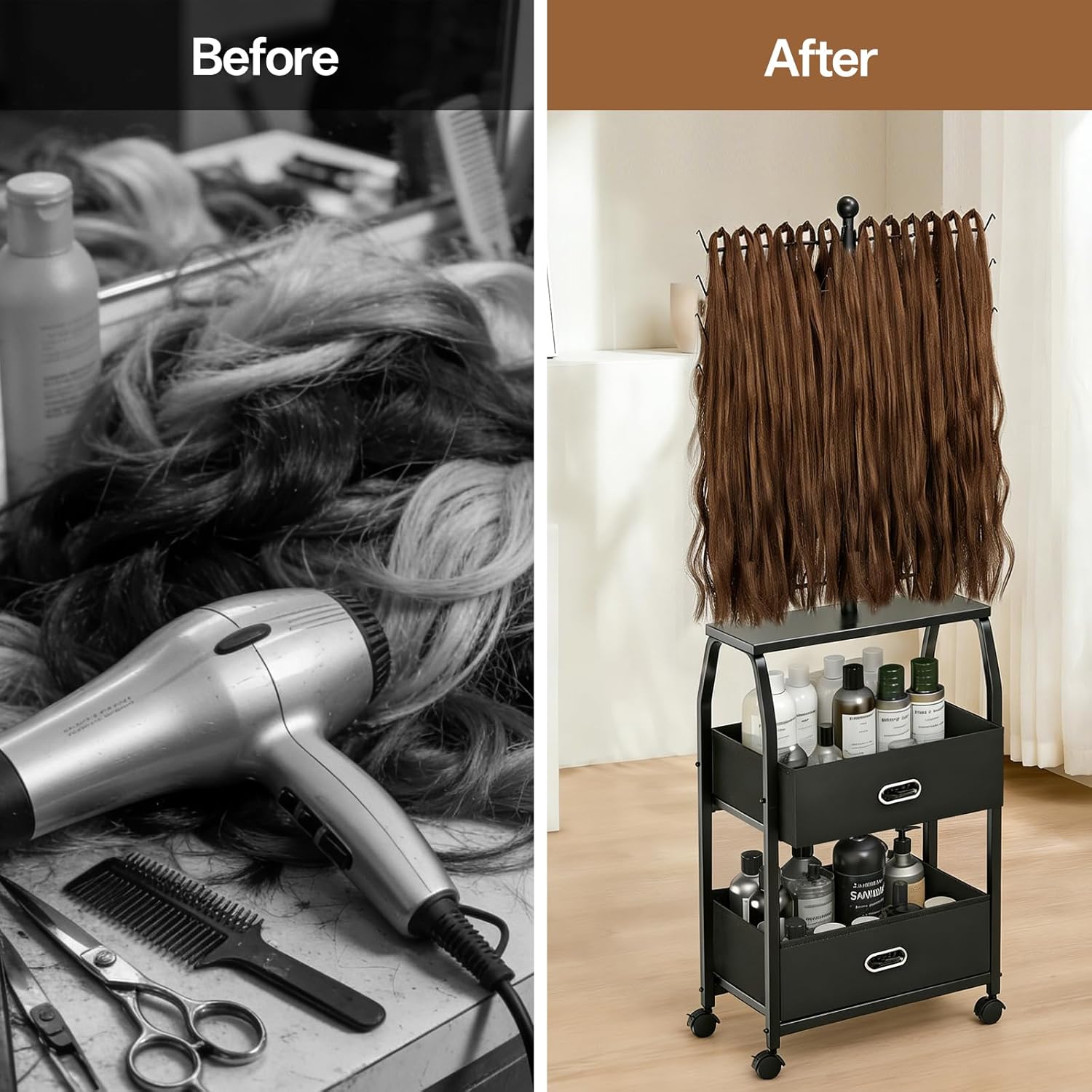 Portable Braiding Hair Rack With Wheels & Storage Drawers,168 Pegs Hair Extension Holder Hanger for Braiding Hair Separator Stand Display,Hair rack with stylist hair braiding tools(black)