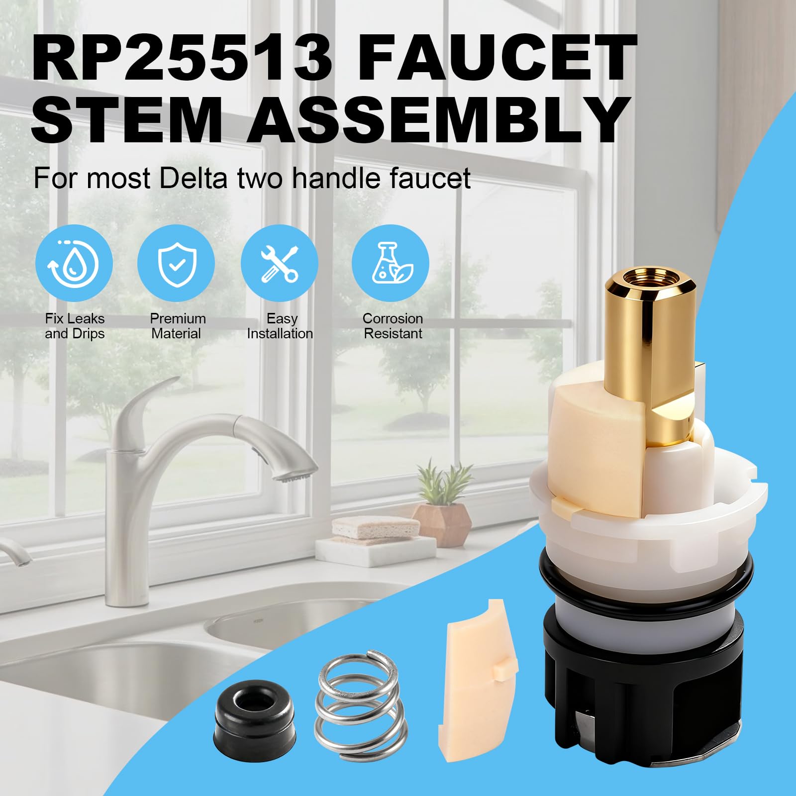 rp25513 - Cartucho de grifo de ensamblaje, compatible con grifo Delta de dos asas, para baño/cocina/fregadero/bañera, con asiento y resorte Rp4993, paquete de 4 (4)