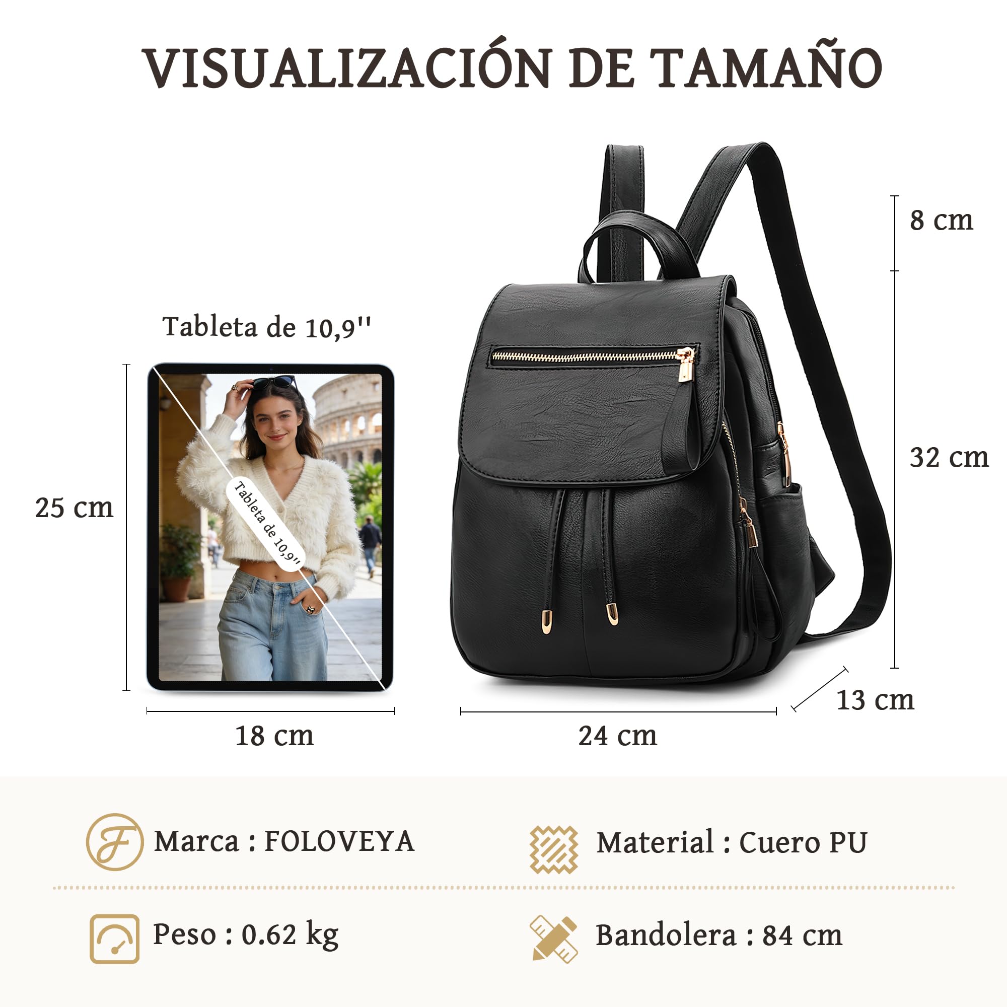 Mochila Mujer Antirrobo Pequeña Bolso Mochila Impermeable Mochila de Piel PU Casual Elegante Mochila con Múltiples Bolsillos Moda para Viaje Trabajo Universidad Negro