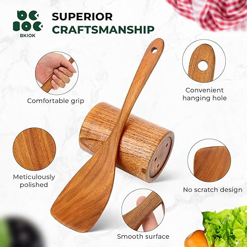 Miniatura 2 de Bkiok Cucharas de madera para cocinar, juego de utensilios de cocina de madera de teca, juego de utensilios antiadherentes hechos a mano con soporte