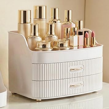 Makeup & Skin Care Organizer with Open-Top, 2-Drawer Storage Box | ABS Material, Desktop Vanity Cosmetic Organizer, 10.6 x 7.2 x 7.5 Inch, Matte White Finish, Non-Slip Feet