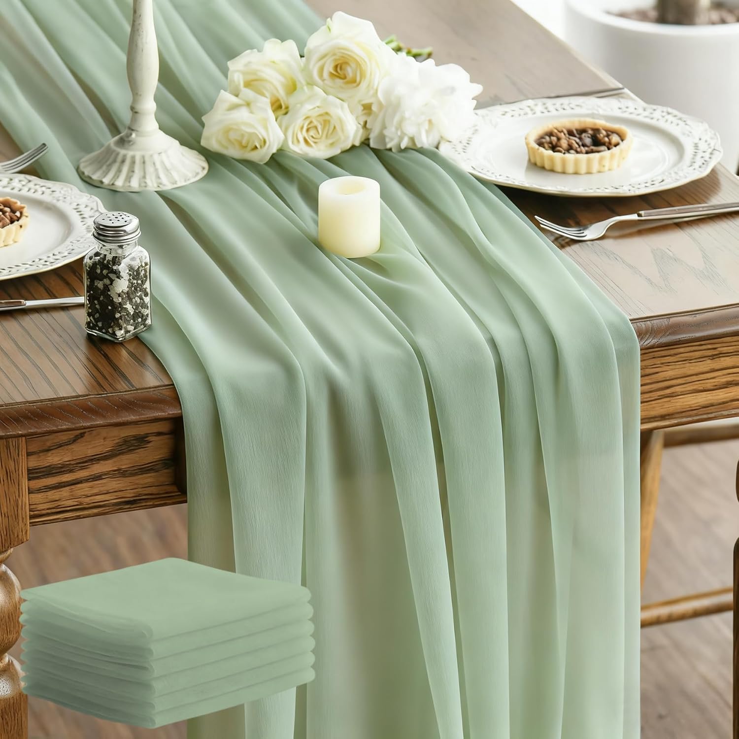 6 Pc 120 Inch Green Gauze Table Runner - Bohemian Cheesecloth Runner for Rustic Home & Event Decor (Green, 6 Pack)