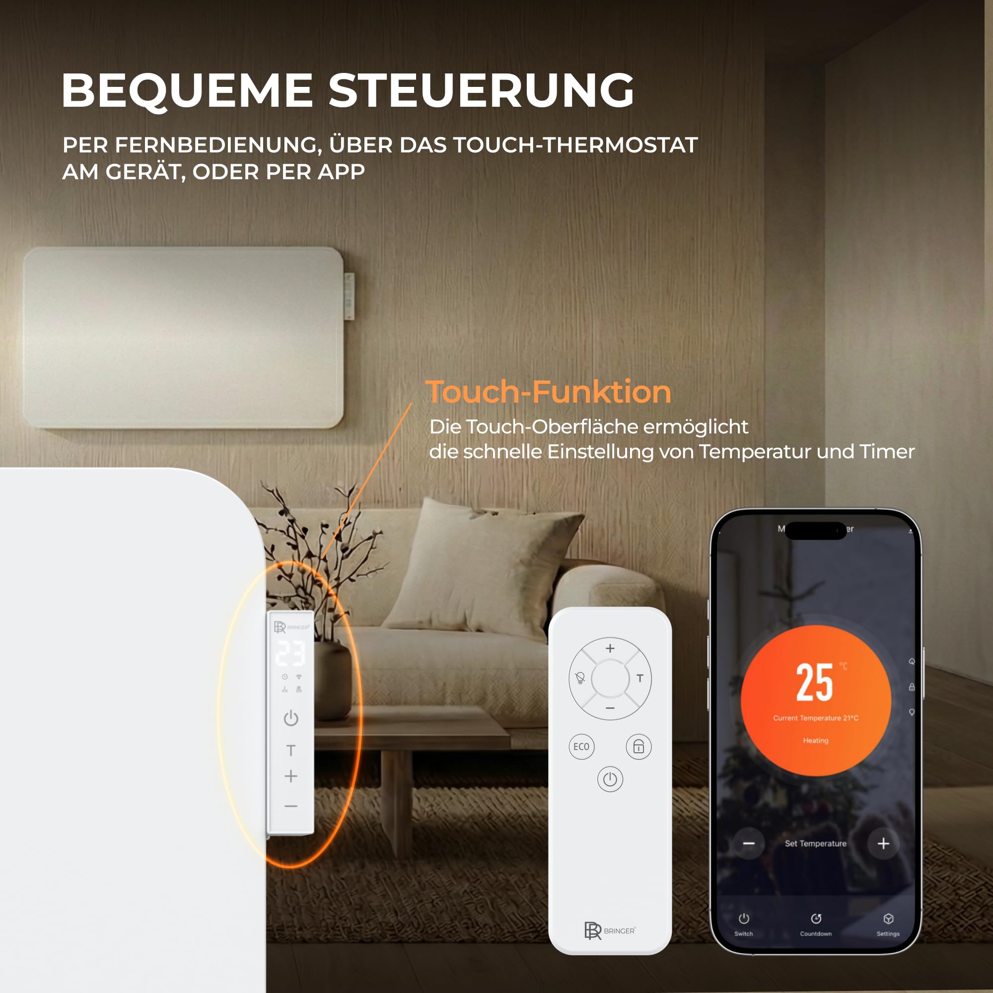 BR Bringer Hybrid Infrarotheizung 2000 Watt mit Konvektion - Smart Thermostat, WIFI & App - für Wandmontage oder als Standgerät für Räume bis 30m² - Energiesparend - Deutsche Qualitätsmarke (weiß)