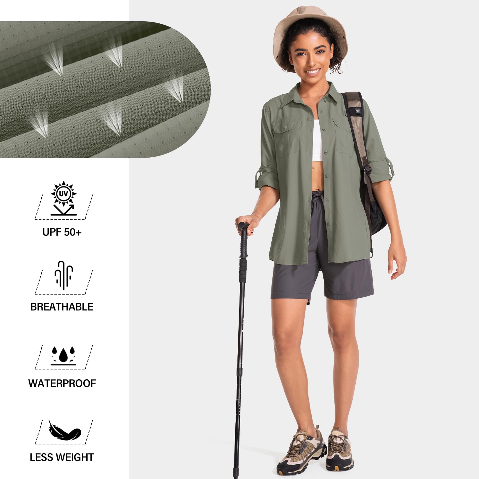 Camisa de manga larga UPF 50 para mujer, diseño de safari, senderismo, pesca, protección UV rápida, con botones, camisa de viaje para jardinería