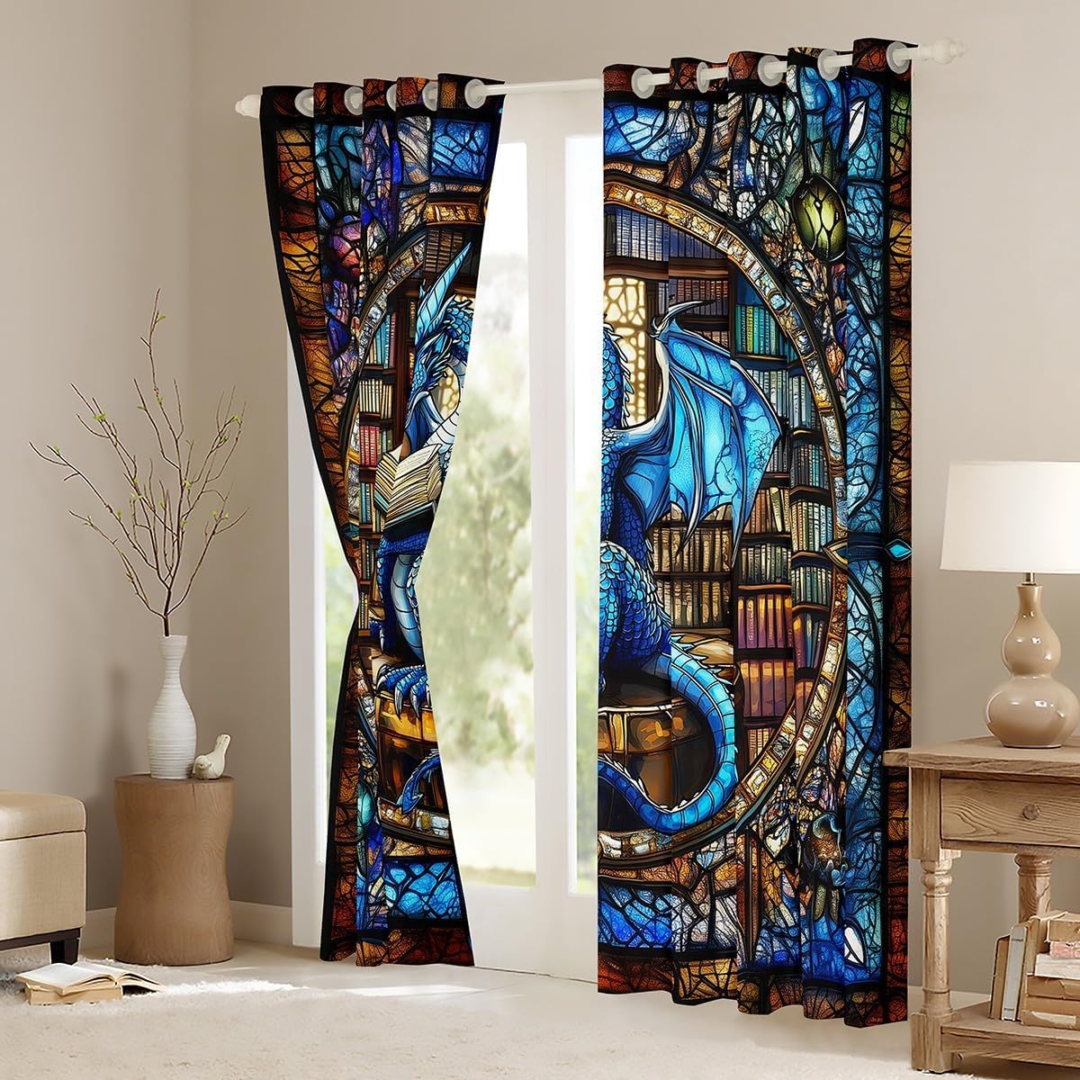 Westlicher Drache Fenstervorhänge, L Größe Blauer Drache Lesebucherregal Gute Schattierung Heimdekor Geometrische Patchwork Retro Fenstervorhänge 2 Panels,Guter Schattierungseffekt