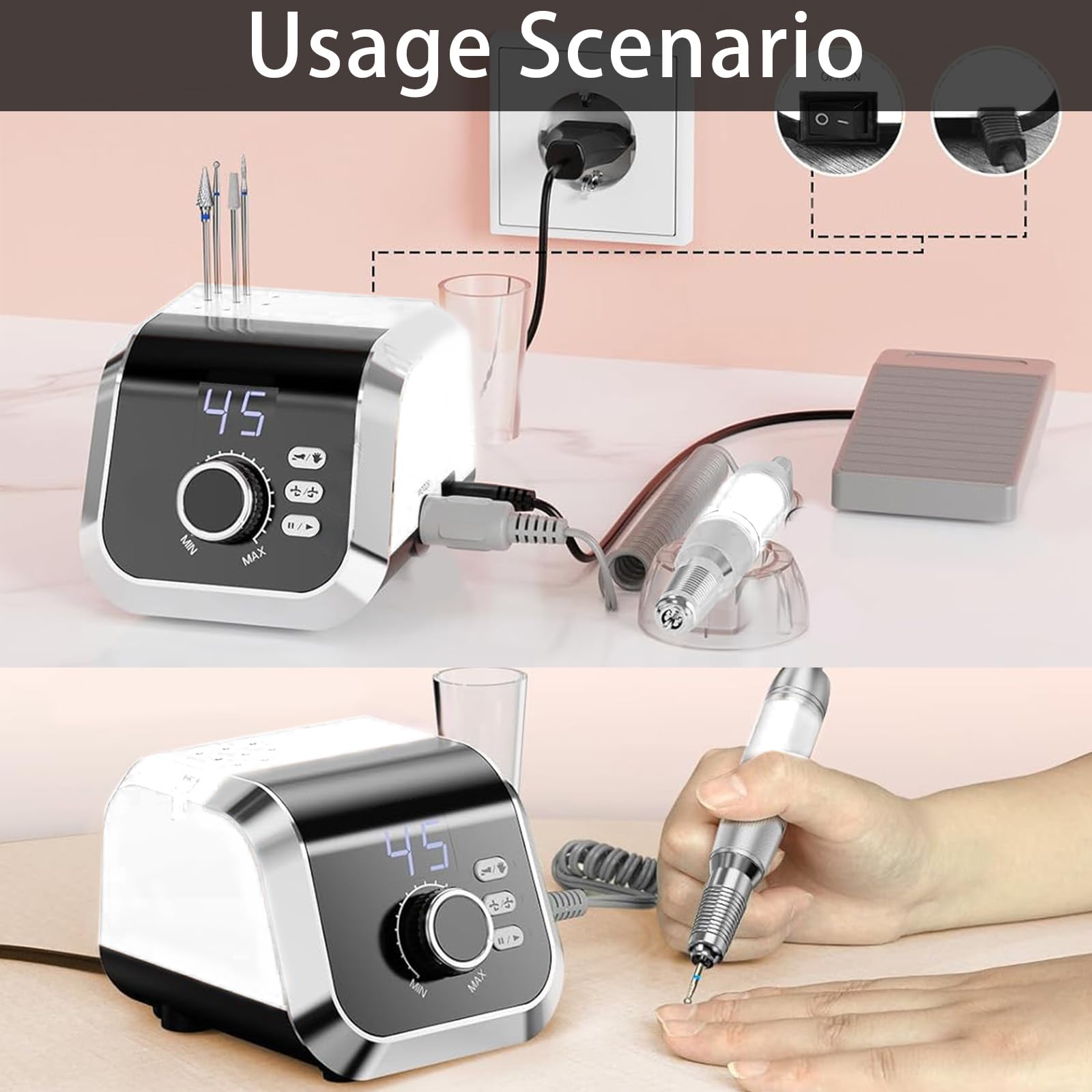 Torno para Uñas, 45,000 RPM Torno para Uñas Profesional, Limas de Uñas Profesionales con 45 Niveles Ajustables y Pantalla LCD, Set de Lima Electrica Uñas para Uso Doméstico y Salones de Uñas
