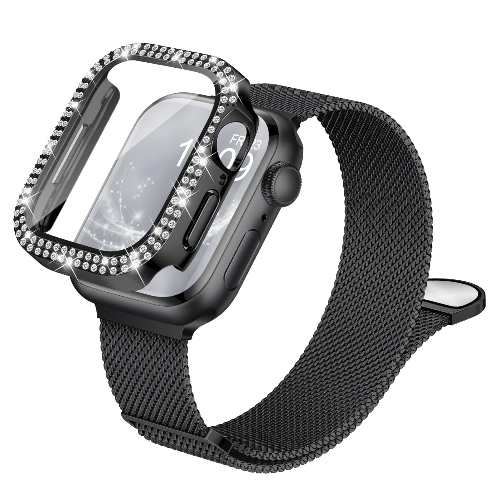 Compatible for Apple Watch Straps and Case Women, Magnetic Milanese Band and Double Row Diamond Screen Protector, Luxury & Versatile, Solve Boring Outfits, Eye-Catching for Work & Date — view 11