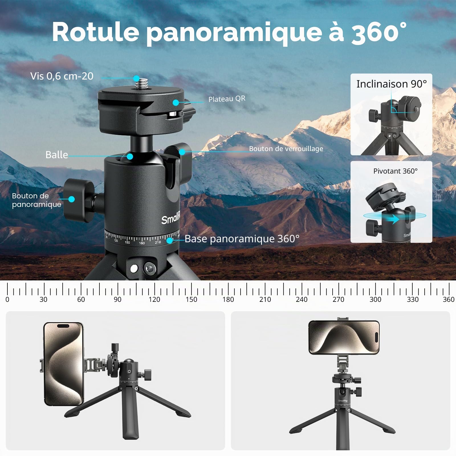 SMALLRIG Mini Trépied de Bureau Portable en Alliage d'Aluminium Compact avec Rotule à 360 °, Vis 1/4" et Plaque à Dégagement Rapide pour Reflex Numérique, Appareil Photo, Téléphone - 4630