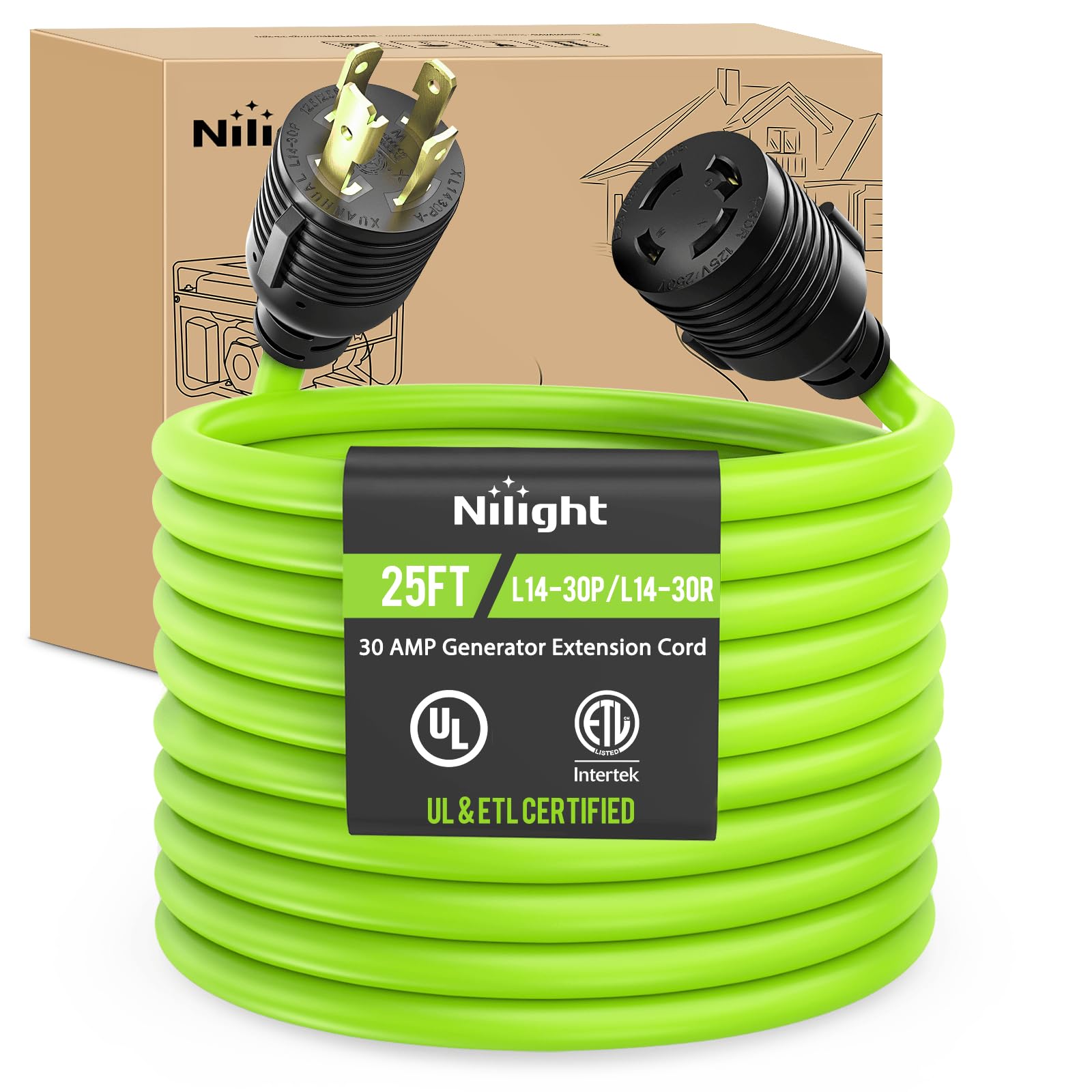 Nilight 25FT 30 Amp Generator Extension Cord 10 Gauge L14-30P to L14-30R