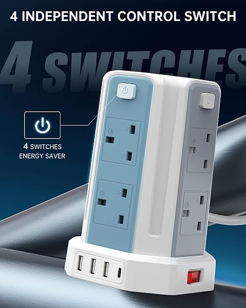 Tower Extension Lead 3M (3250W 13A) Extension Tower 8 AC Outlets & 4 USB Ports, Surge Protection Extension Lead with 4 Independent Switch, 17W USB C Ports Extension Cable 3M for Office, Home, Kitchen - 4
