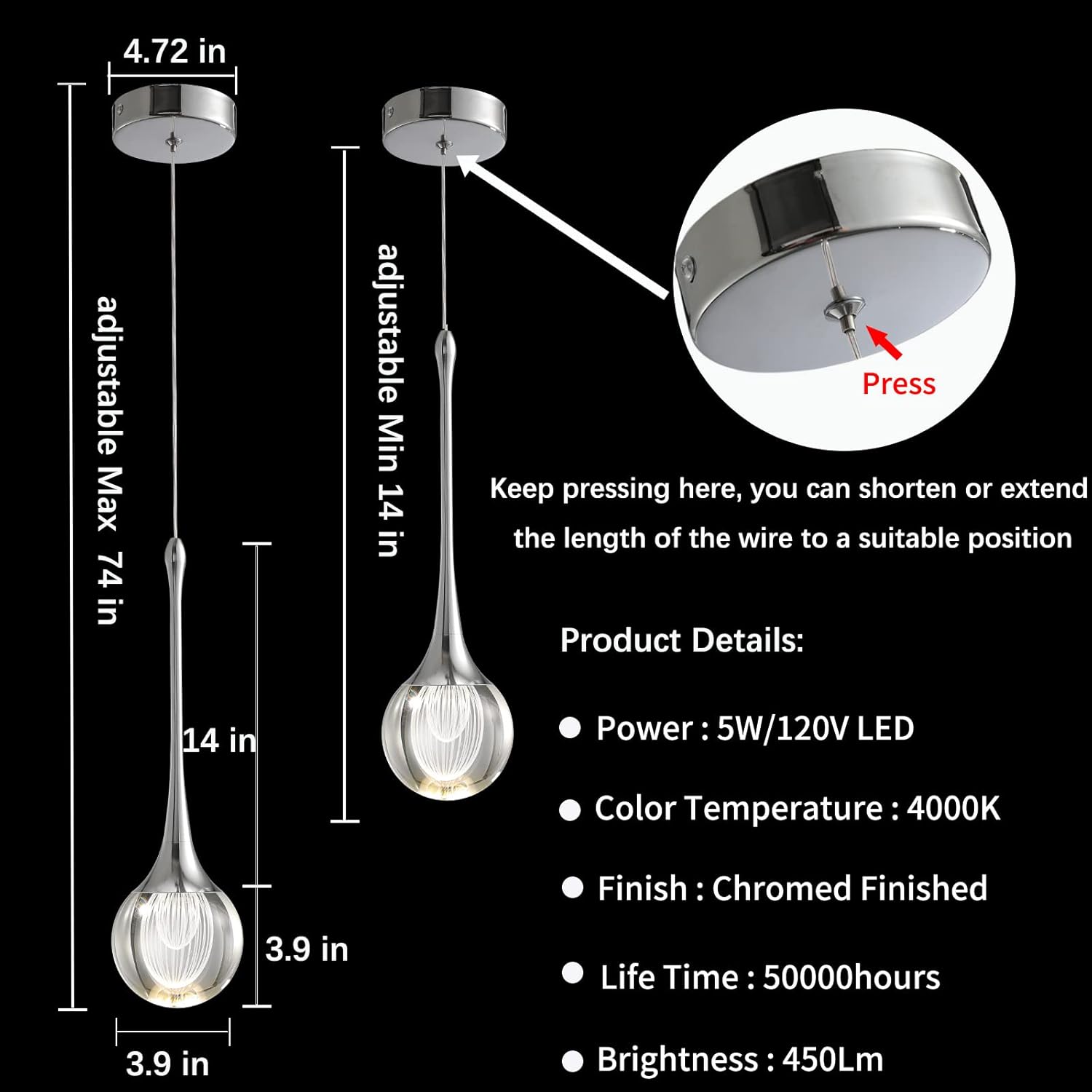 JackLove 1-Light Teardrop Mini Crystal Pendant Light Fixtures,Modern Ceiling Hanging Pendant Lighting for Kitchen Island Bedroom Bar ,450Lm 4000K (Dimmable) - - 