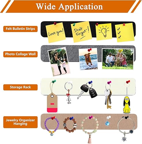 Miniatura 3 de 8 tiras rectangulares de corcho de fieltro con 35 chinchetas, tiras autoadhesivas para tablón de anuncios para oficina, escuela, hogar, decoración