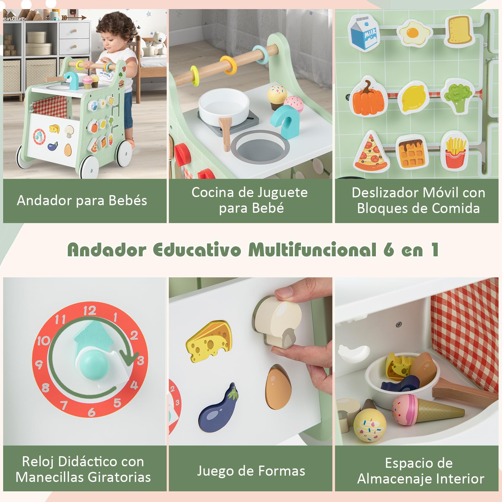COSTWAY Andador Bebes de Madera 6 en 1, Carrito de Madera para Bebés, Centro de Actividades de Aprendizaje para Empujar y Jalar para Bebés con Cocina, Reloj, para Bebés de 12+ Meses (Verde)