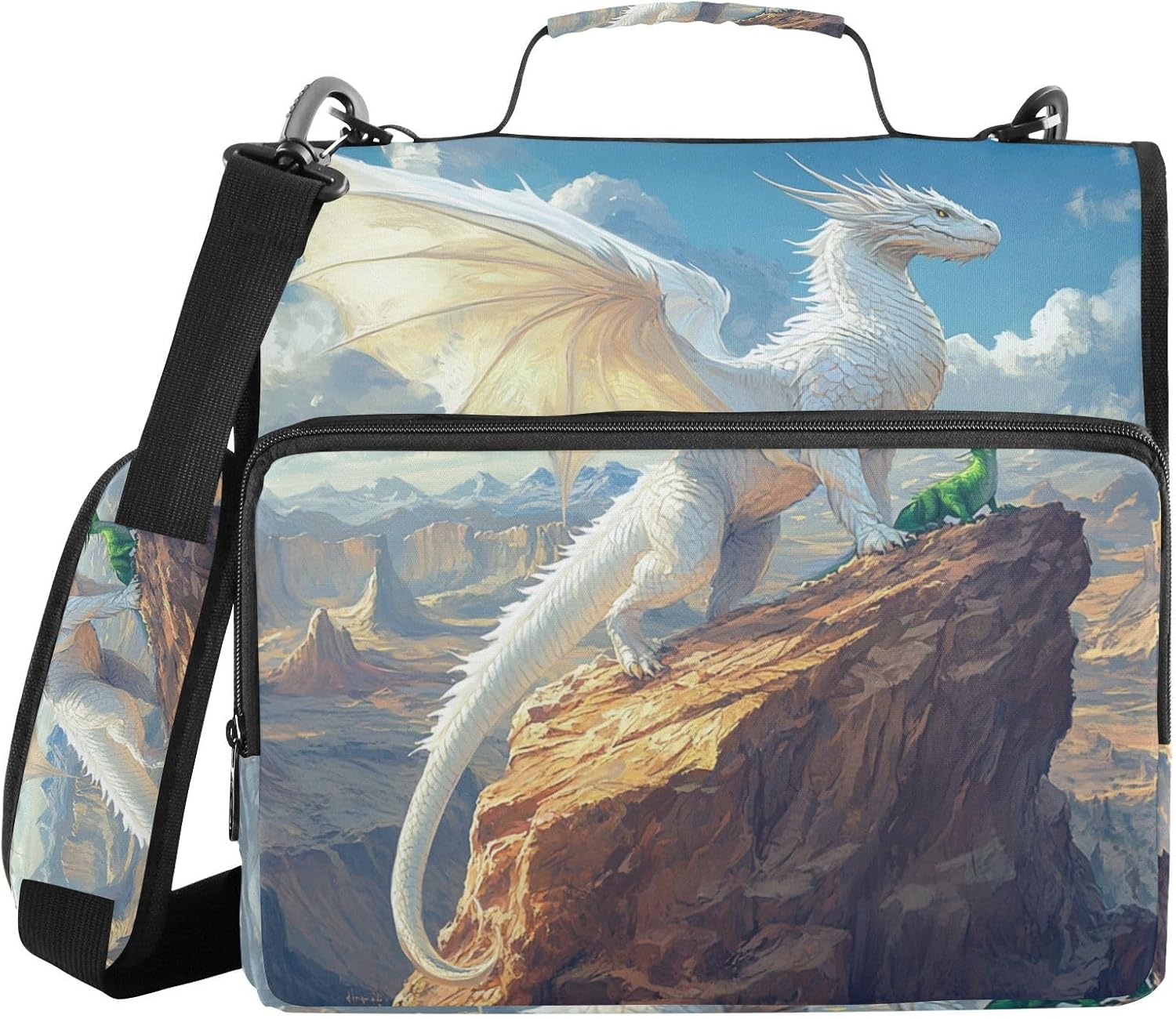 Fantasy White Dragon Zipper Binder 3 Ring with Shoulder Strap Handle Multiple Pockets and Storage Binder Organizer for School Office