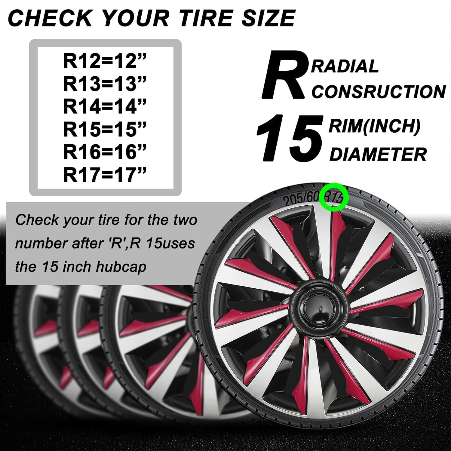 XIMINZ- 16 Inch Hubcaps Set of 4, Wheel Rim Covers, Car Hub Rim Caps ABS Exterior Accessories, Black Pink