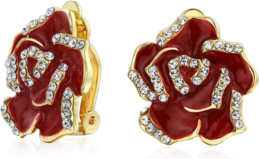 Pink Red Enamel Flower Crystal Edge Spring Retro Floral Rose Clip On Earrings For Women Non Pierced Ears 14K Gold Plated - Image 8