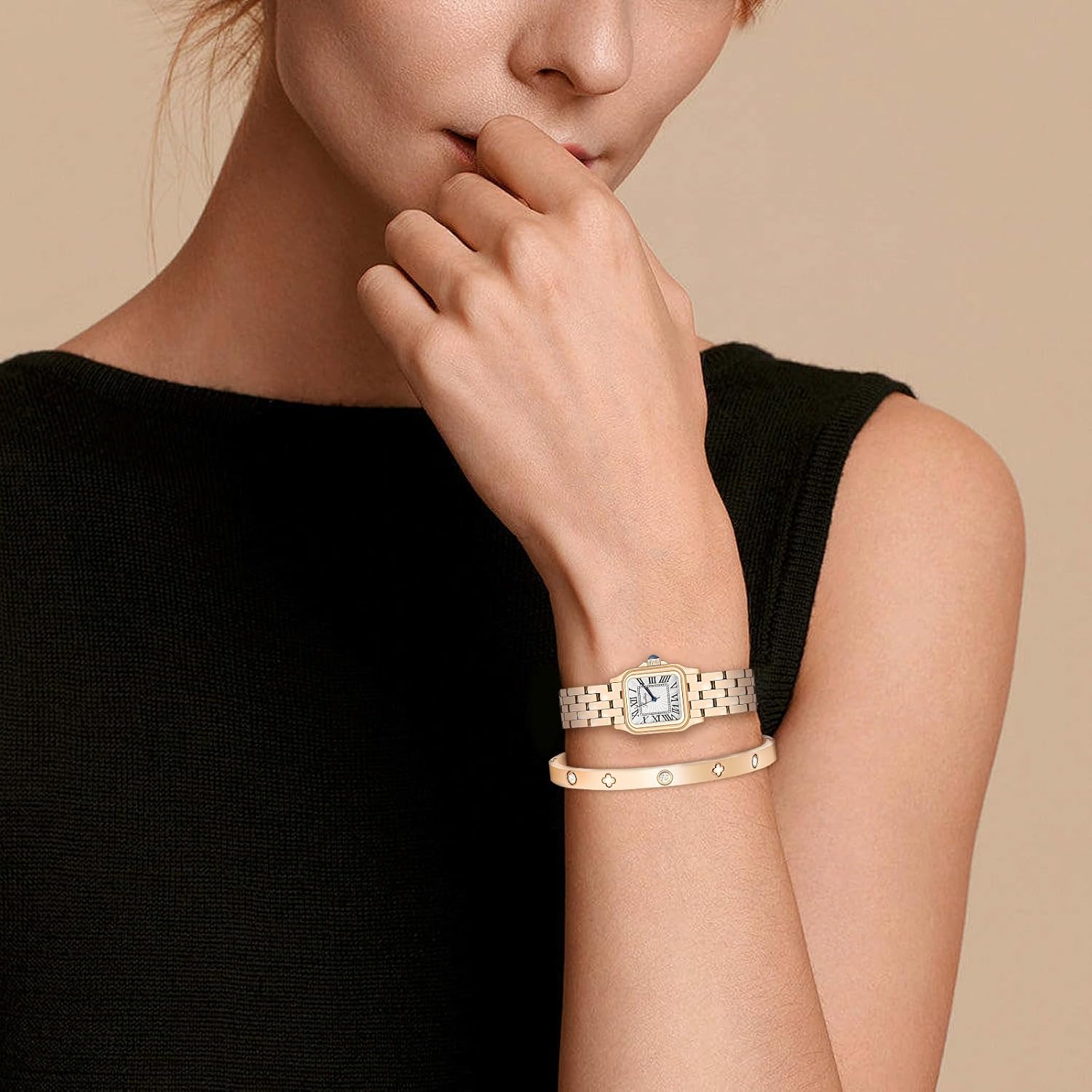 Watch and Bracelet Set for Women, Gold Vintage Roman Dial Quartz Watch with Matching Gold Bangle Bracelet, Adjustable Watch Band, Jewelry Gift Set for Women, Gold Watches for Women, Gifts for Her - Image 4