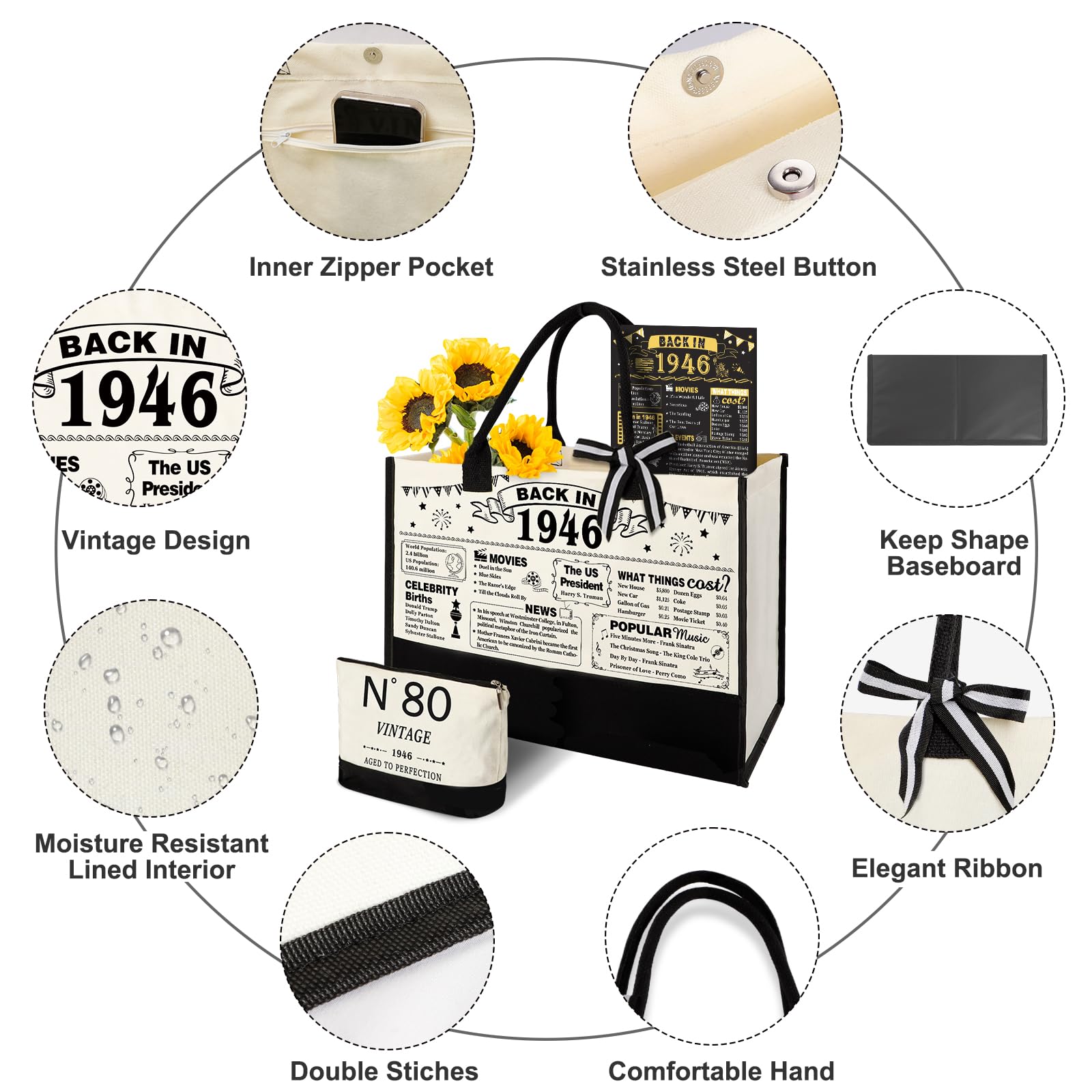 YeohJoy 80th Birthday Gifts for Women Canvas Tote Bag Travel Gear, Unique 80 Years Old Gifts for Wife Mom Sister Aunt Friends Her, Vintage N°80 Handbag & Cosmetic Bag & Back in 1946 Poster