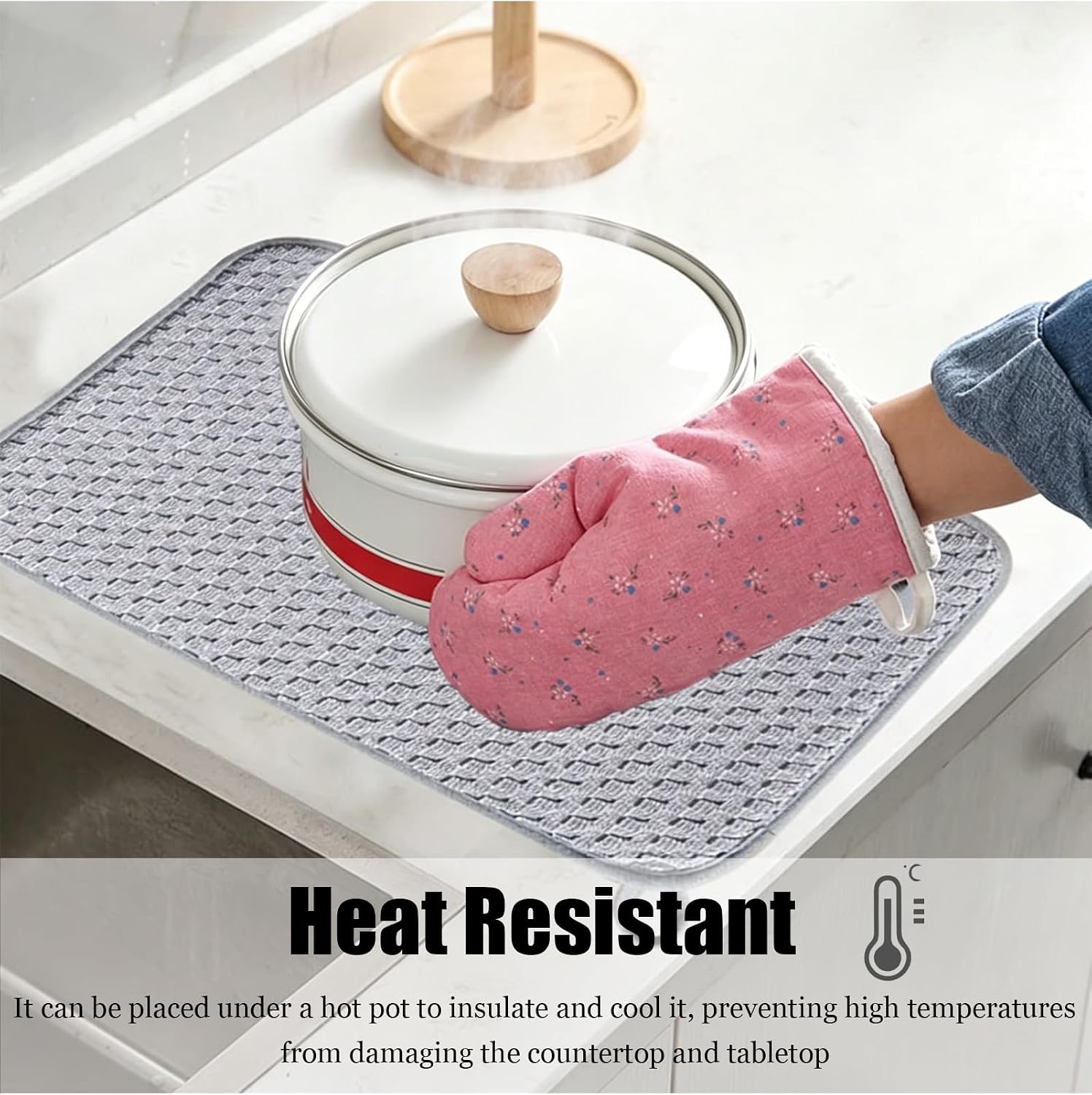 SEIWEI 2 PCS Grey Dish Drying Mat, 15.8’’ x 11.8’' Absorbent Microfiber Dishes Drainer Mats Heat Resistant Non-slip Dish Drying Pad for Kitchen Counter, Utensils, Pots, Pans, Coffee Machine