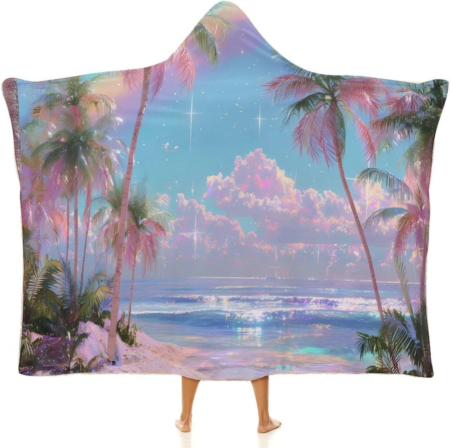 Rainbow Beach Palms Trees Wearable Blanket Hoodie | Flannel Fuzzy Machine Washable Home Camping Lounging