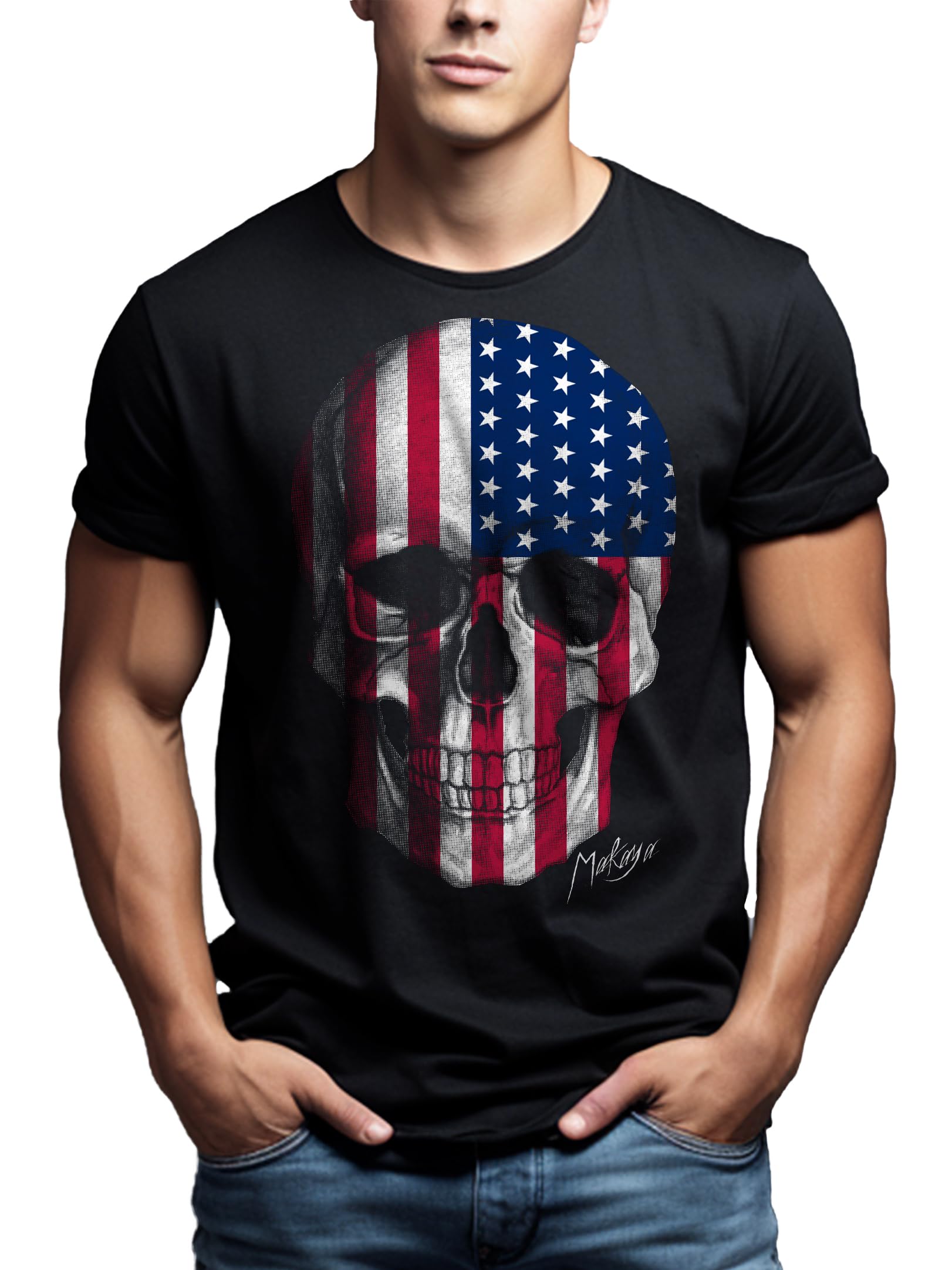 Makaya Men's Black Skull T-Shirt Usa Flag Size M