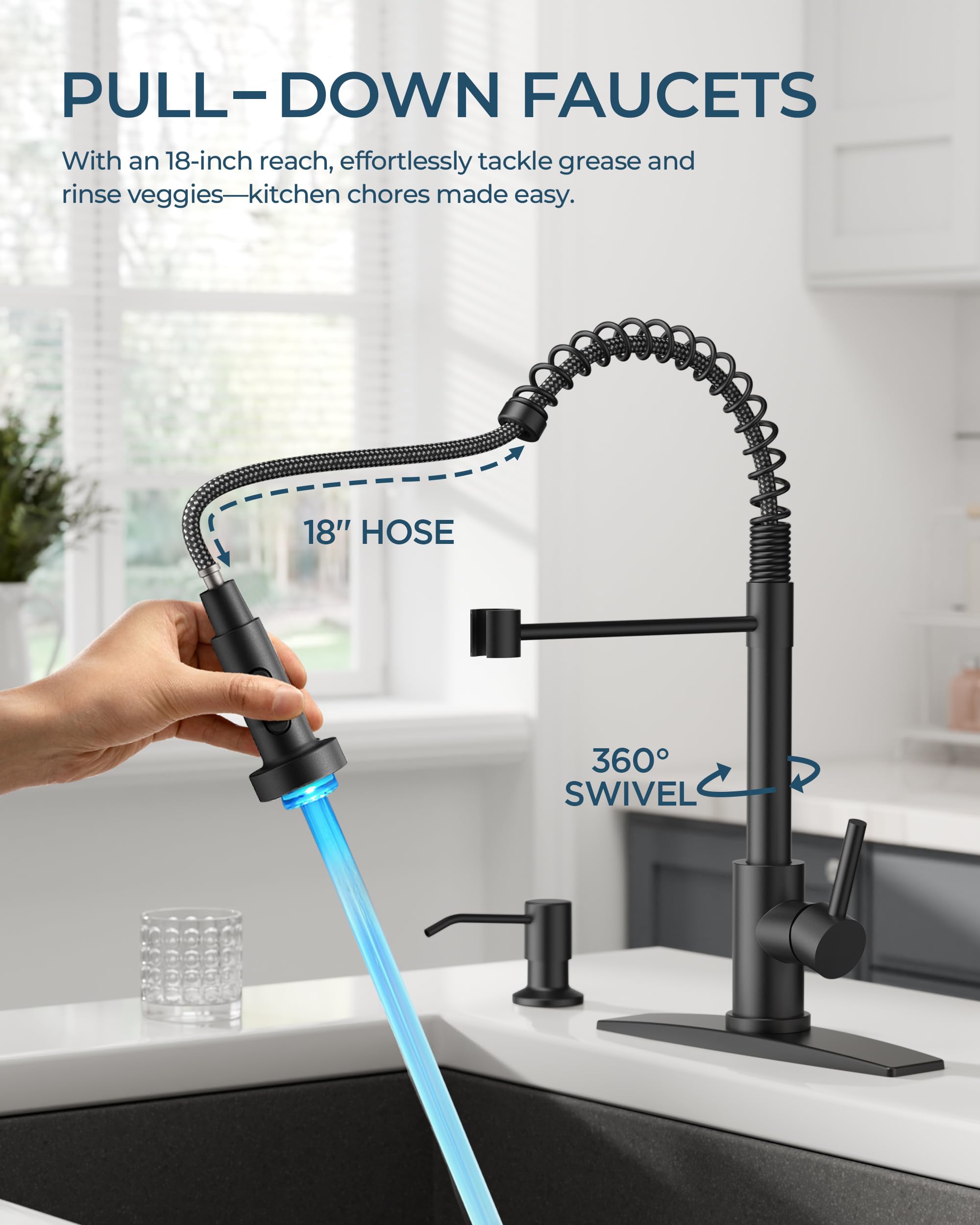 Grifo de Cocina LED con dispensador de jabón, Grifo de Fregadero Comercial de Resorte Tradicional de Acero Inoxidable Negro con rociador extraíble para lavandería y Utilidad RV Camper Bar Granja