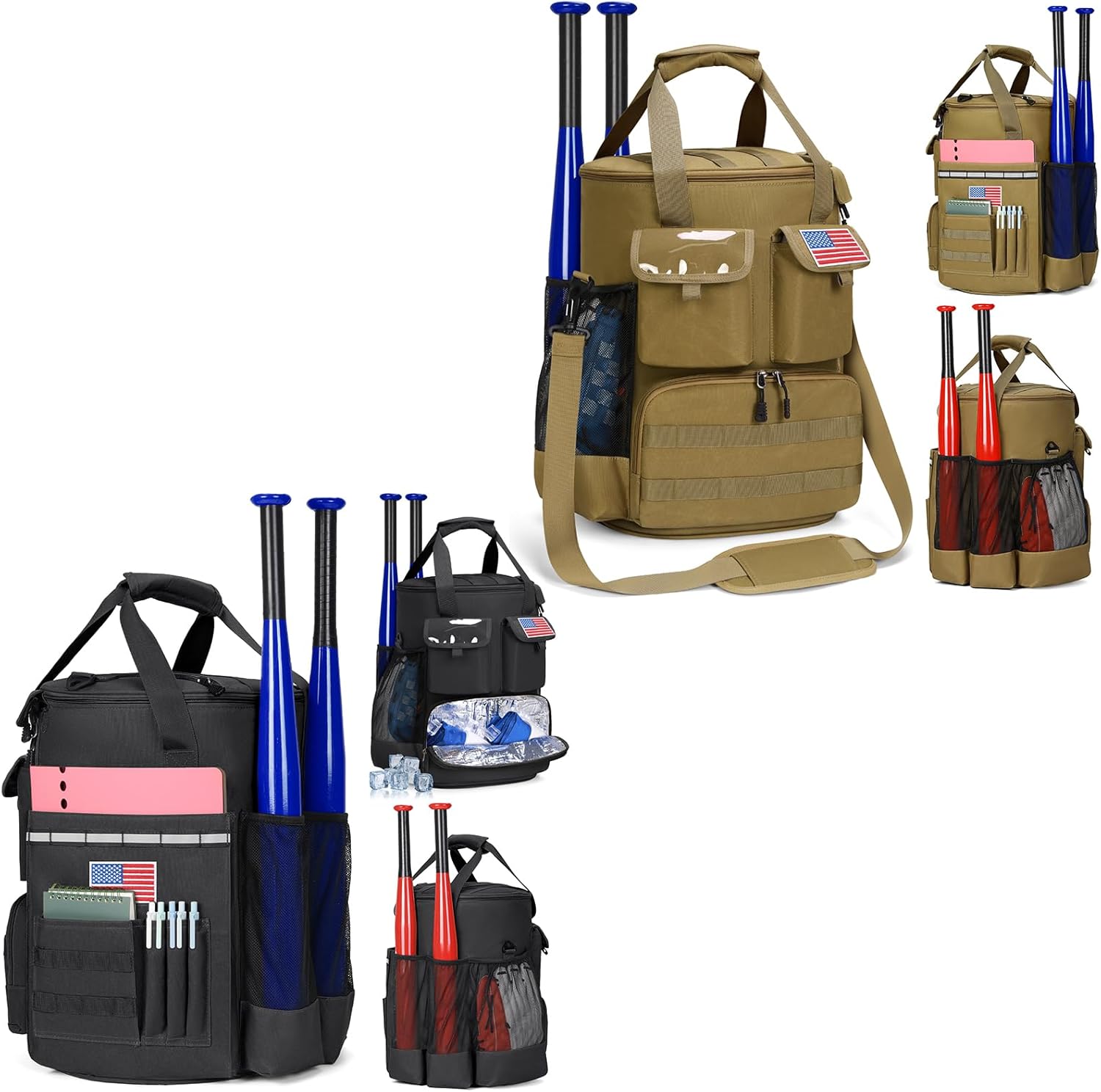 RAINSMORE Baseball Bucket Bag Baseball Coaches Accessories Organizer with Insulation Pocket Tactical Softball Bag with Anti-Slip Bottom, Multiple Pockets for Bat, Gloves, Scoreboards