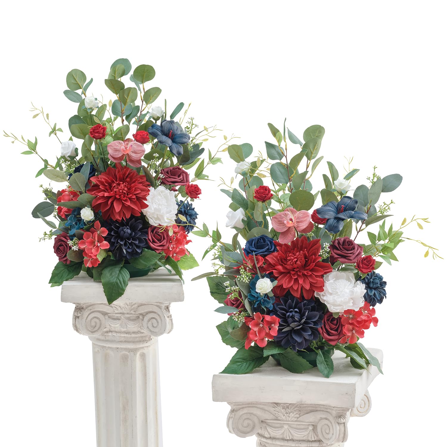 TINGE TIME Free-Standing Artificial Flower, Set of 2, Table Centerpiece with Rubber Pad, Silk Fake Flower for Wedding Centerpiece Archway Aisle Welcome Entrance (Red&NavyBlue)