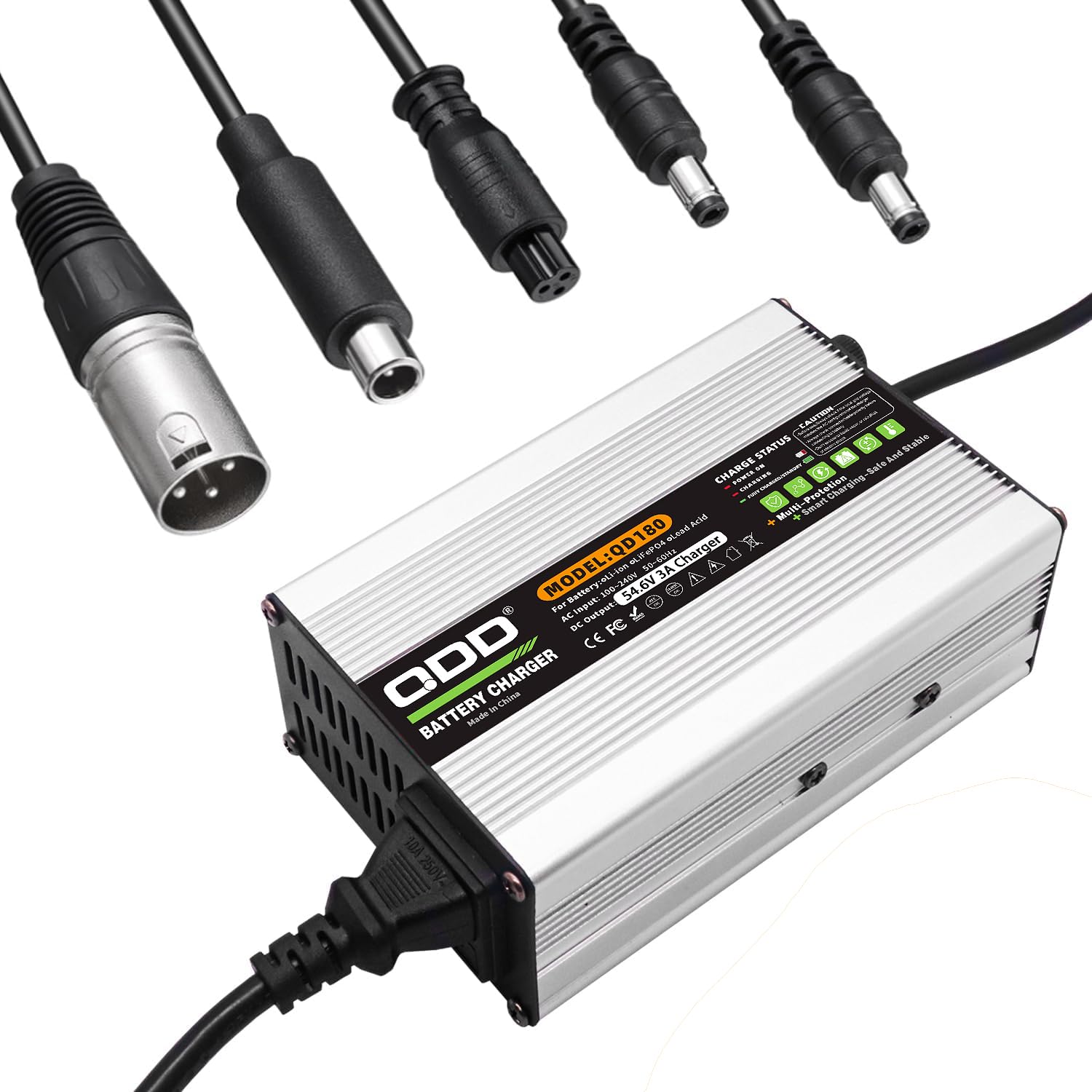 QDD 54,6 V 3 A ładowarka litowo-jonowa, srebrna obudowa aluminiowa z wentylatorem chłodzącym do 13S 48 V 10 Ah 15 Ah 20 Ah 30 Ah 40 Ah akumulator litowo-jonowy z 5 wtyczkami