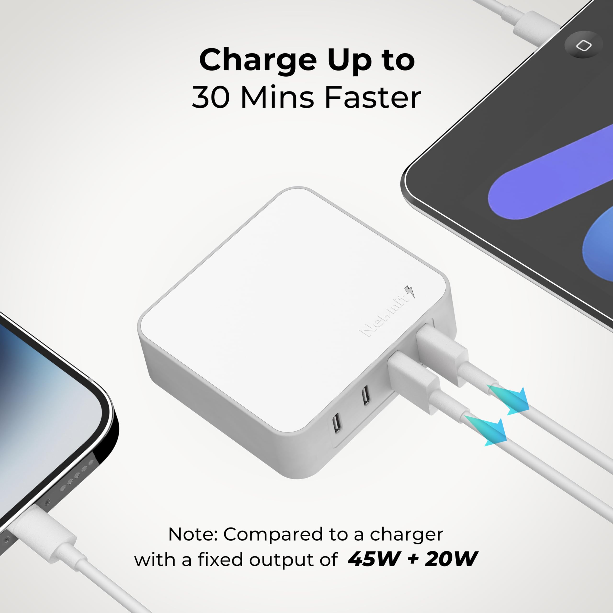 Nekmit Chargeur mural USB plat, 65 W GaN Charge rapide USB C, double ports USB, adaptateur d'alimentation pour iPhone 15 Pro Max/iPad Pro et plus encore, blanc
