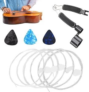 Guitar Strings Set Nylon Silver-Plated 6-Pack with 3 Picks and 3-in-1 Restring Tool for Classical Acoustic Western Guitars Clear Tone Durable Strings for Practice Performance Recording Use