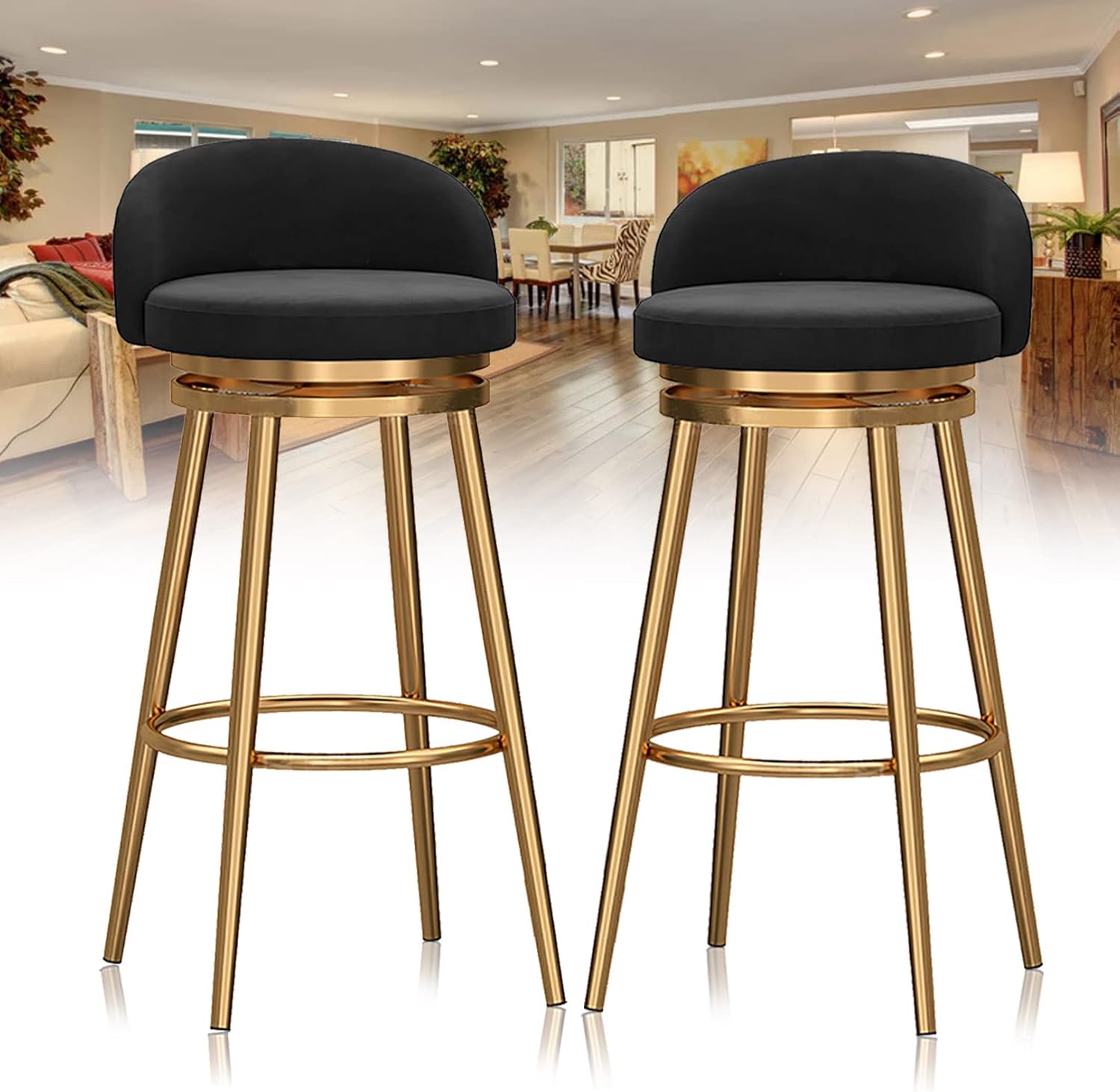 Counter Stools Set of 1 - Velvet Upholstery Barstools with Gold Metal Leg, Modern Kitchen Island Bar Chairs Dining Chairs with Low Back,25.6'' H,Black