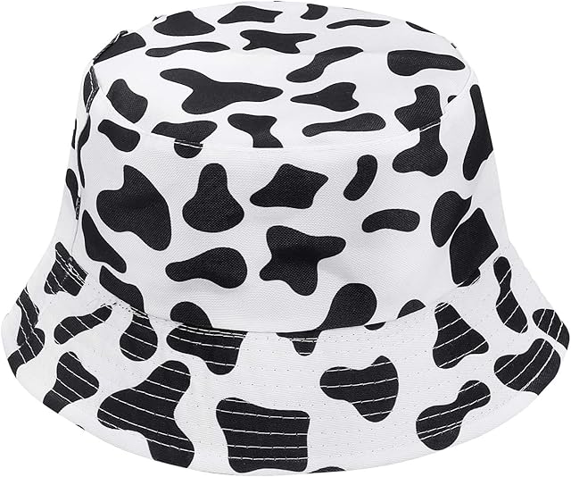 LUOEM Black White Bucket Hat Women Fisherman Cap Cow Grain Sun Protective Hat Breathable Outdoor Summer Cap (White)
