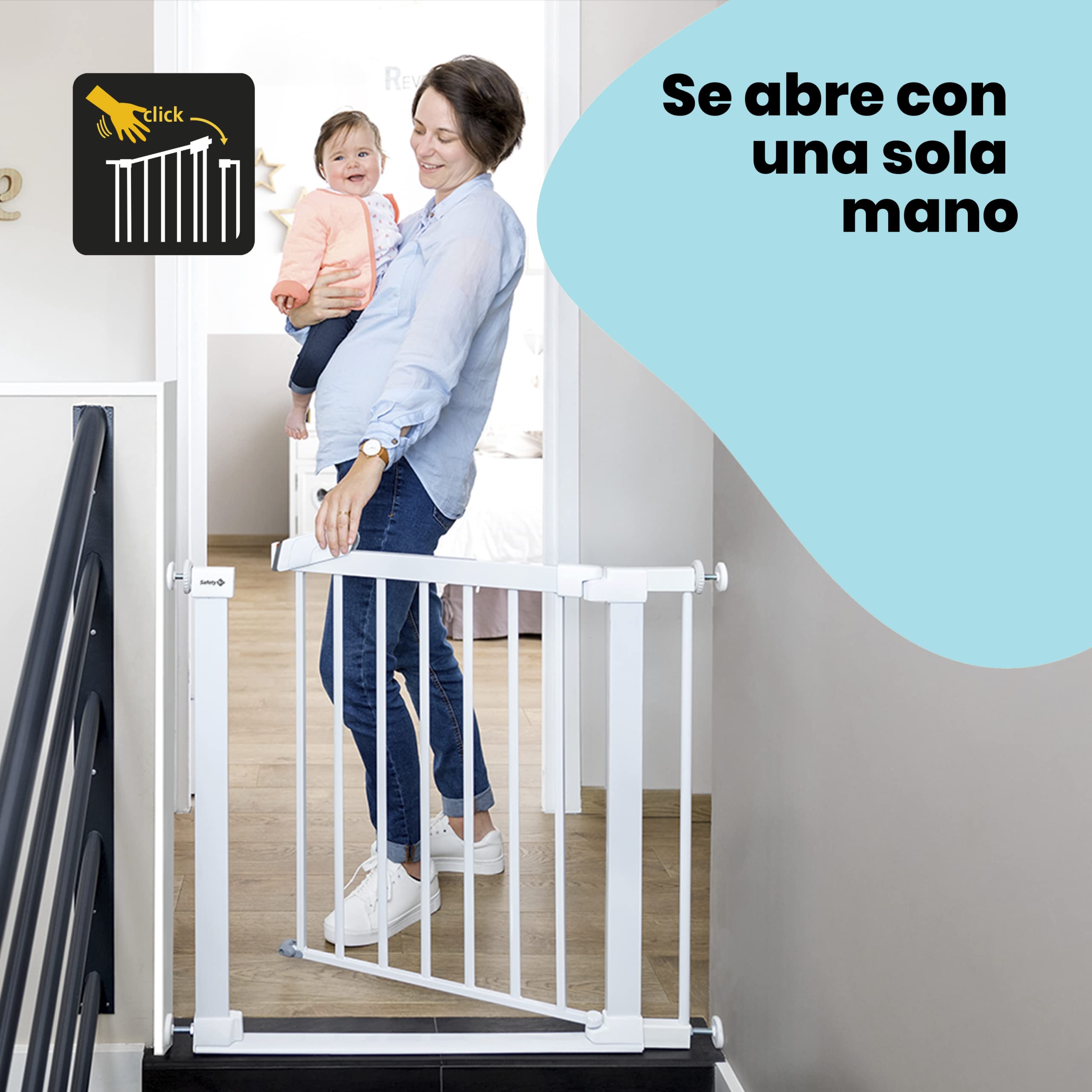 Safety 1st Flat Step, Barrera Seguridad Niños Escalera Presión, 73–80cm (máx. 101cm), Valla Seguridad Infantil Ultraplana, Apertura con 1 sola Mano, Sin Tornillos (Sin Taladros), Blanca