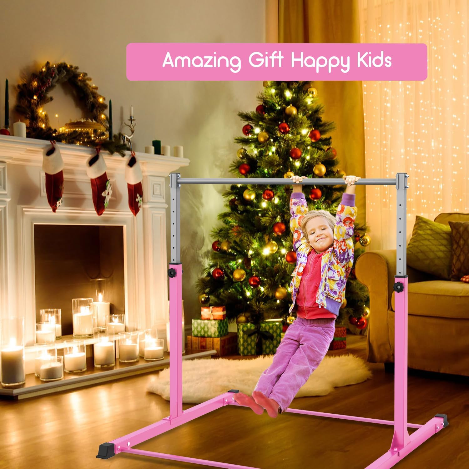 Safly Fun Barra de gimnasia para niños de 3 a 15 años, gimnasio en casa de acero resistente, altura ajustable (3 a 5 pies) con base antideslizante, fácil montaje