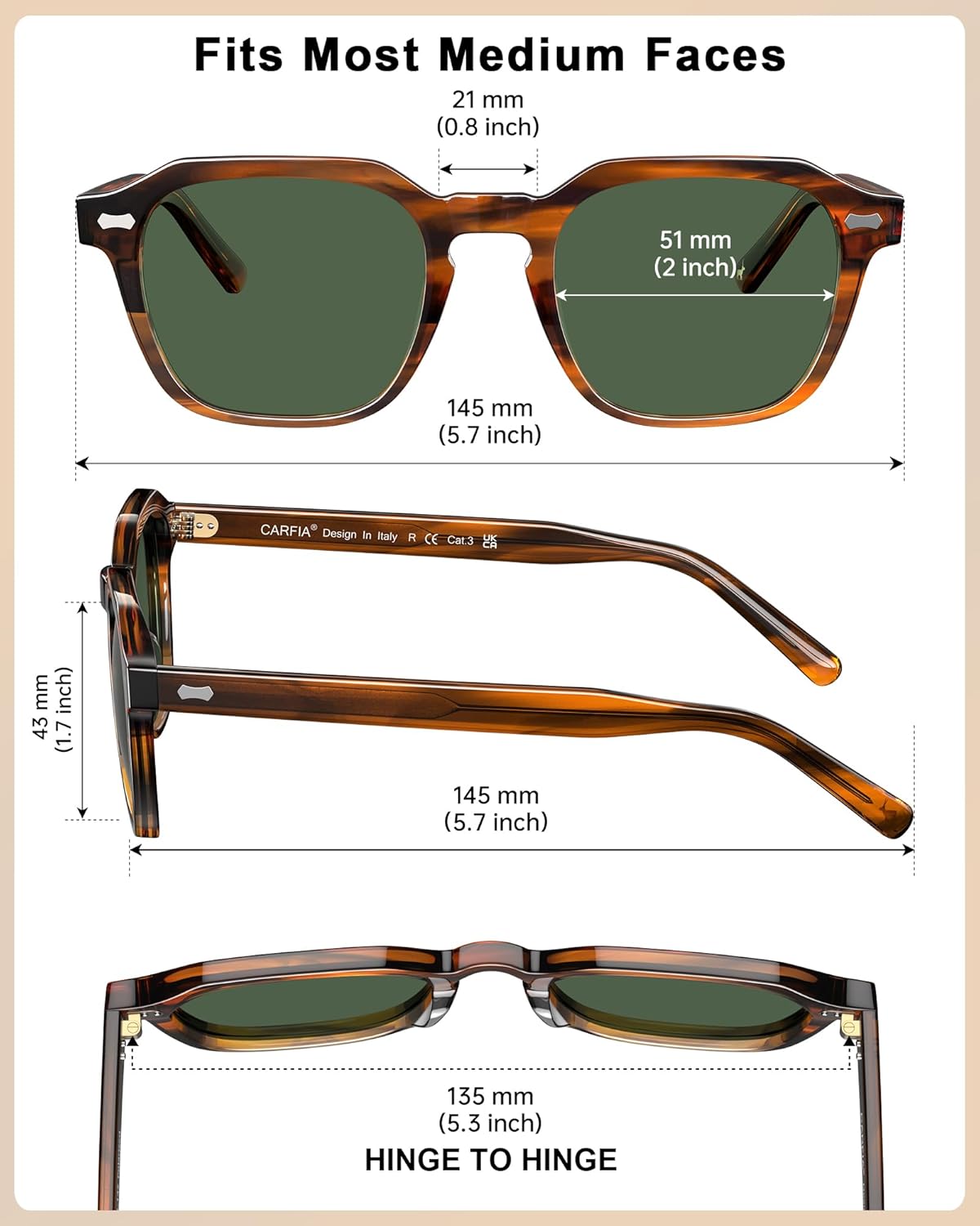 CARFIA Polarized Sunglasses for Men UV400 Protection, Retro Sun Glasses with Acetate Square Frame for Driving Fishing CA5405