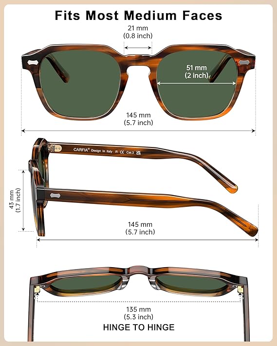 CARFIA Polarized Sunglasses for Men UV400 Protection, Retro Sun Glasses with Acetate Square Frame for Driving Fishing CA5405