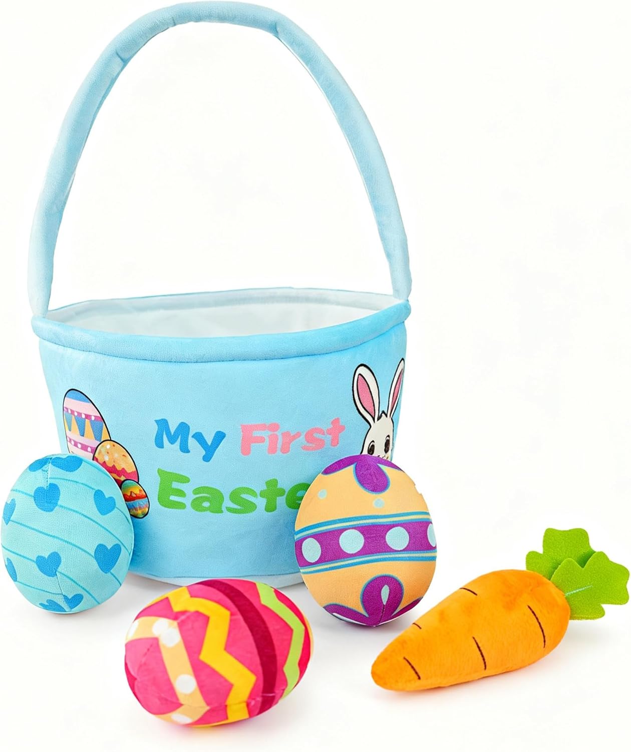 Easter Basket Stuffed with Easter Eggs Carrot Stuffed Animals Soft Toys for Children Easter Decorations Blue Easter Basket Gifts for Kids Girls and Boys