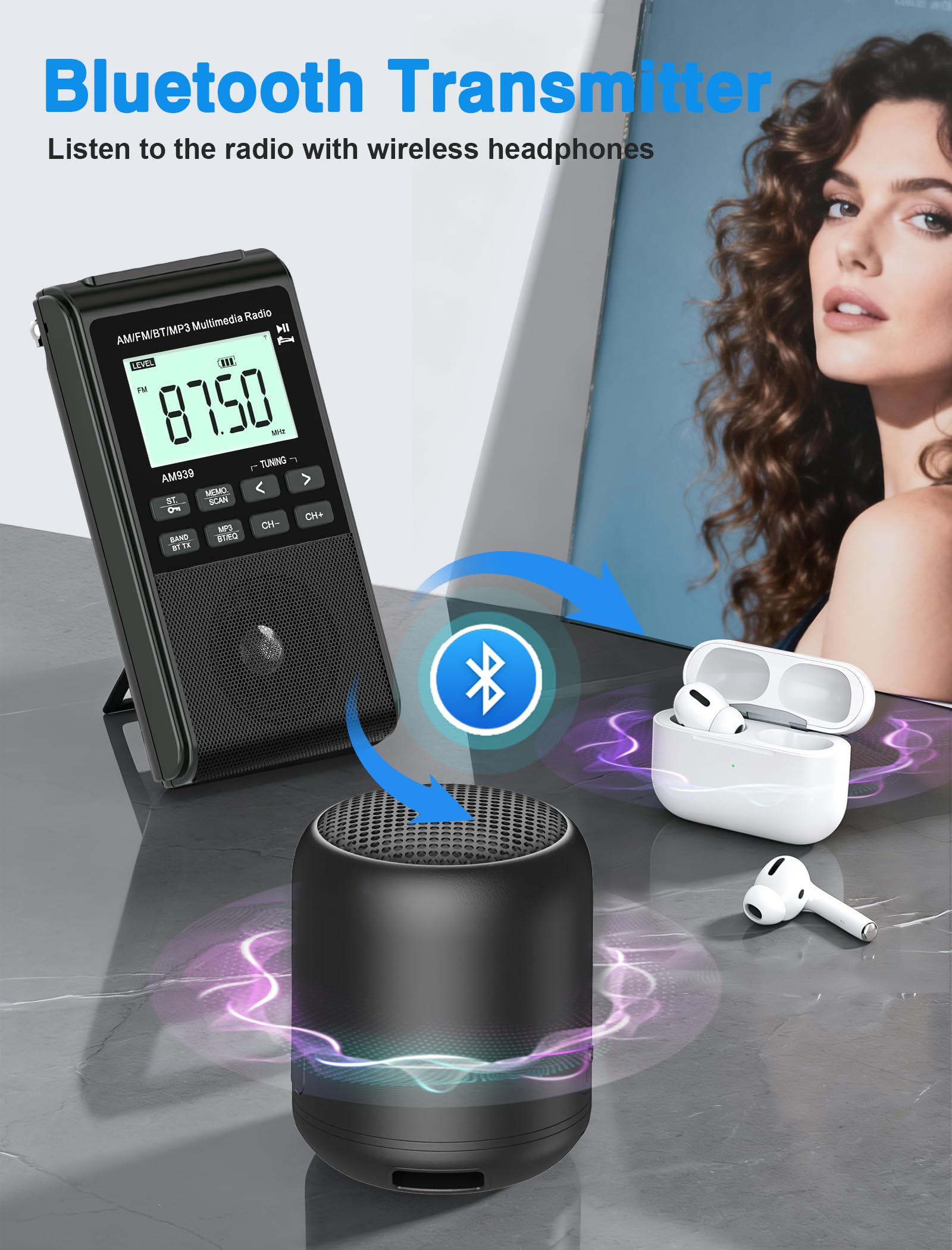 Radio AM FM Bluetooth con batería recargable de 1200 mAh, radio de bolsillo portátil con transistor con la mejor recepción, altavoz grande de 5 W, pantalla LCD, conector para auriculares, compatible