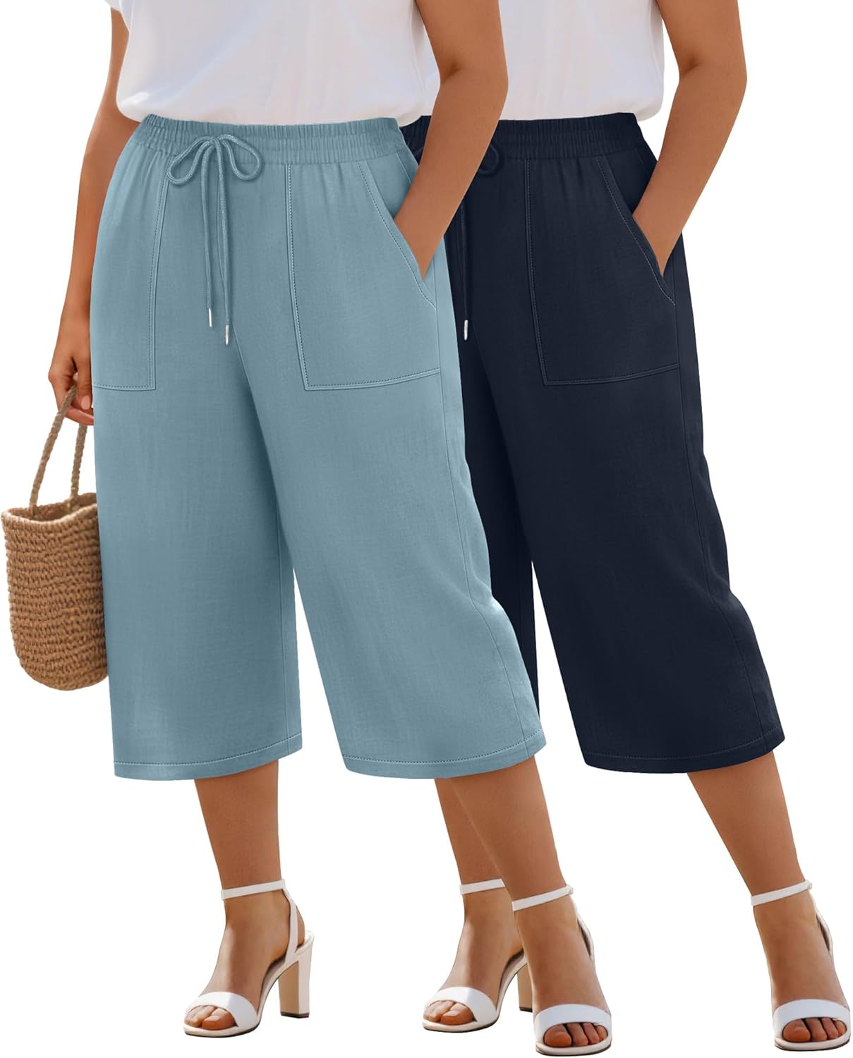 Riyiper 2 Pack Women's Plus Size Cotton Linen Blend Capri Pants, Wide Leg High Waist Casual Drawstring Trouser with Pockets