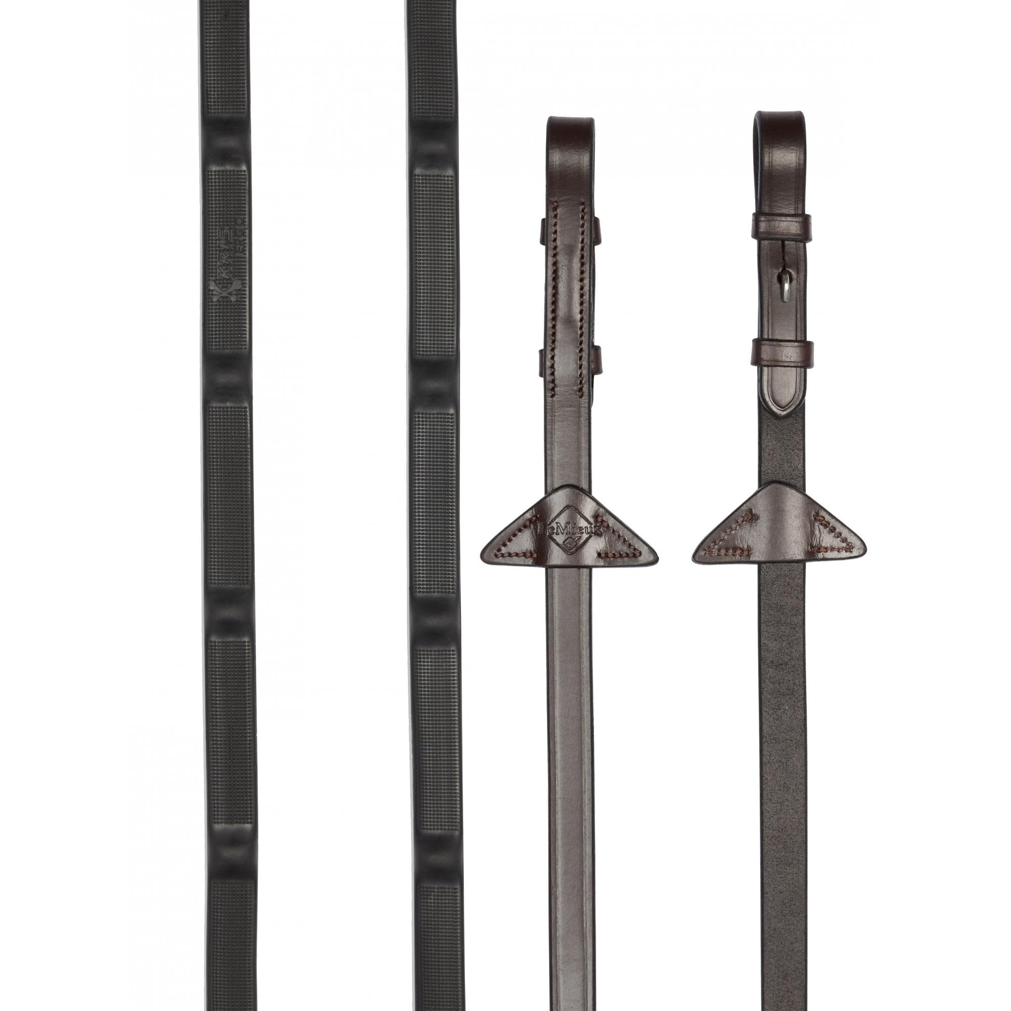 LeMieux Ergo Grip Rubber Reins - Integrated Raised Rubber Stoppers - Martingale Stoppers - Brown - Cob