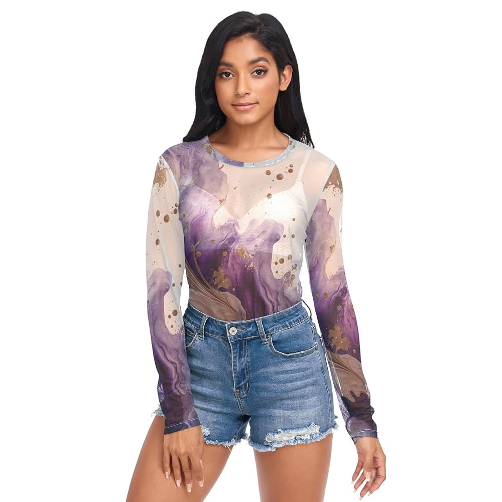 トップス Marble Print Sheer Jersey Crew Neck Top AIXIWAWA Marble Gold Purple Sheer Mesh Tops Long Sleeve